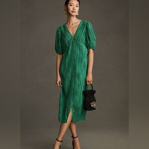 Anthropologie V-Neck Pleated V-Neck Green Midi Dress
